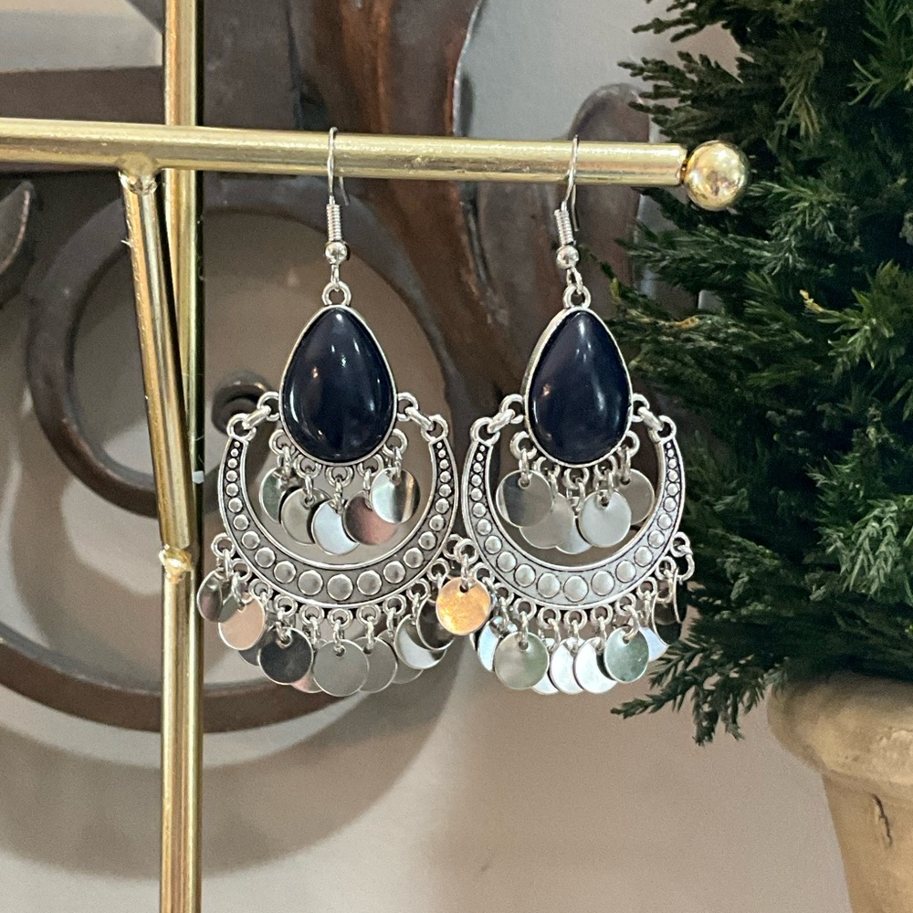 Silver and Black Dangle Earrings - Picture 2 of 6